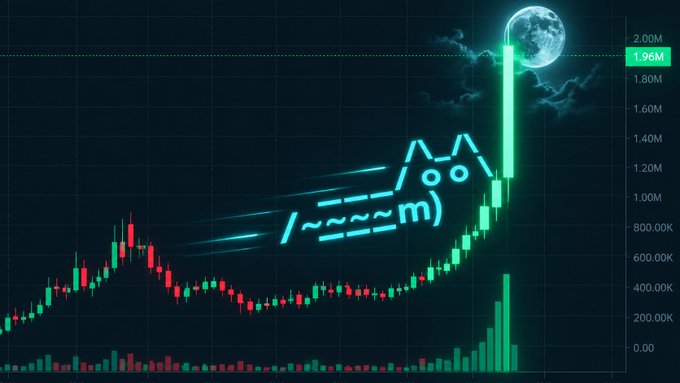 A candlestick chart showing a dramatic green price spike reaching nearly 2.00M against a dark background, overlaid with a glowing blue rocket cat meme illustration and a full moon.
