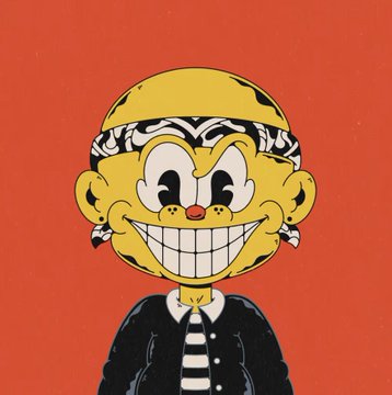 A cartoon illustration depicts a yellow-skinned character with an exaggerated wide grin wearing a black and white striped shirt, set against a red background.
