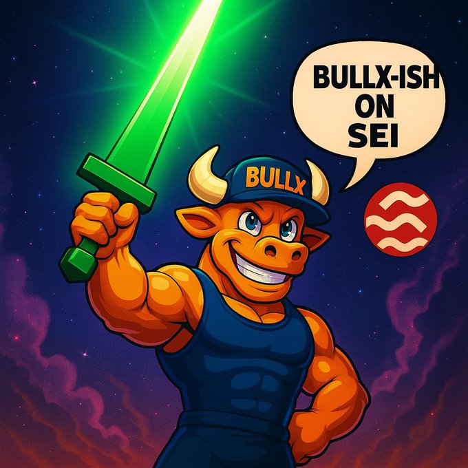 A cartoon image features a muscular, anthropomorphic bull character wearing a blue cap and tank top, triumphantly wielding a glowing green sword with a speech bubble reading 'BULLX-ISH ON SEI'.