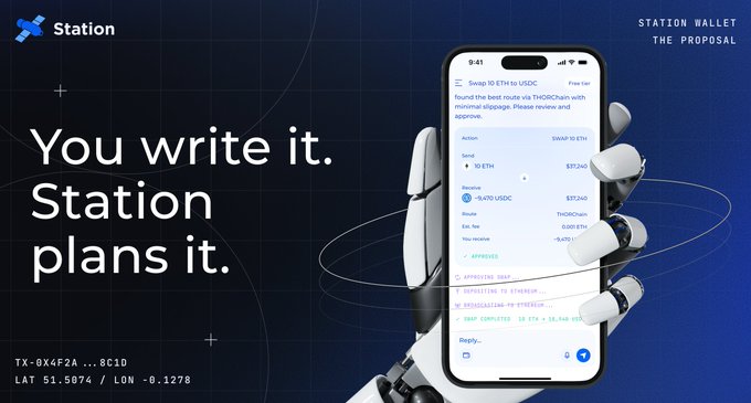 The image shows a mobile phone with the text "You write it. Station plans it.". The phone is held by someone's hand against a blue background that displays a line graph. Below this, there is a poster showing a robot's hands holding a cell phone and two buttons labeled "Swap" and "10 ETH to USDC at best route", indicating a transaction between the two parties using cryptocurrency for exchanging goods or services.