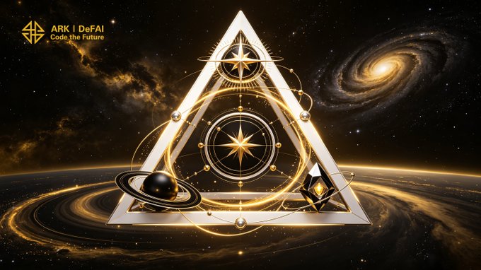 A cosmic-themed graphic featuring a glowing golden triangle with celestial orbits, planets, and a compass star set against a starry galaxy background, branded with "ARK | DeFAI - Code the Future." The interconnected celestial elements visually represent the post's message of unity and expansion, symbolizing how the Arkie AI App unifies AI agents, users, and real-world utility into a single growing ecosystem.