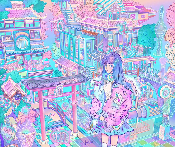 A vibrant pastel illustration features a purple-haired anime girl in a pink jacket standing in an elaborate, dreamy Japanese-style village scene with a torii gate and traditional buildings.