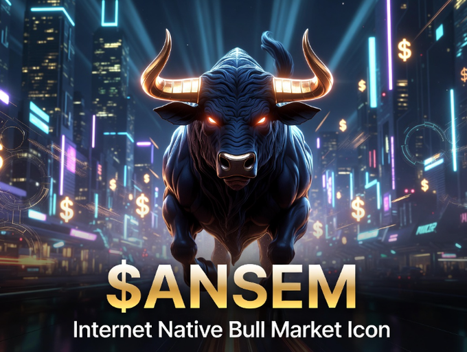 A fierce, glowing-eyed bull charges through a neon-lit cyberpunk cityscape adorned with dollar signs, with bold gold text reading **"$ANSEM"** and the subtitle **"Internet Native Bull Market Icon"** at the bottom—visually embodying the post's claim of the token being a culturally powerful, community-driven symbol of retail enthusiasm in the meme coin space.