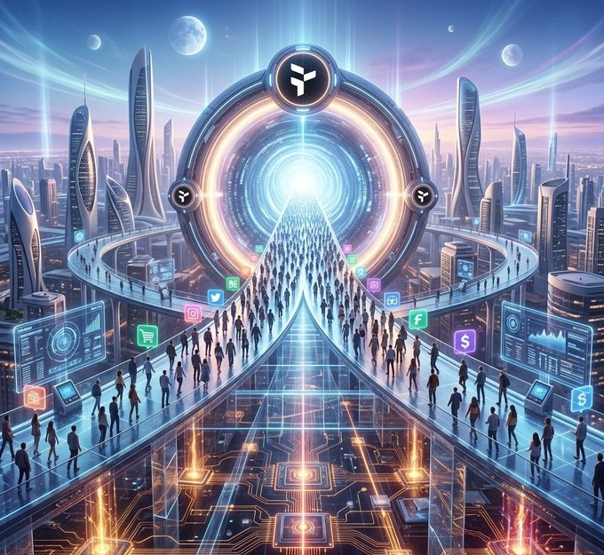 The image depicts a futuristic cityscape with people walking across a bridge, surrounded by buildings of various sizes and shapes. The scene also includes elements such as a large circle and a globe, which could be interpreted as symbols related to Web3 technology or blockchain. The overall atmosphere suggests that the future of Web3 is being shaped by the experiences and interactions of its users rather than by traditional methods like banks or governments. The focus on simplicity and seamless user experience is emphasized in the image, with people walking across a bridge without any apparent barriers or obstacles. This could be seen as a metaphor for how Web3 aims to eliminate unnecessary friction and complexities in financial systems, allowing users to seamlessly interact with blockchain technology.
