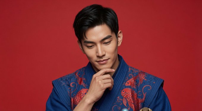 A young man with dark hair looks down thoughtfully against a vivid red background, wearing an ornate blue and red robe with intricate dragon-like patterns.