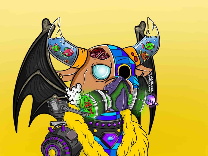A colorful cartoon illustration of a winged, one-eyed creature wearing a gas mask with green filters, fish-themed horns, and a yellow fur collar, holding a mechanical device, set against a yellow background.