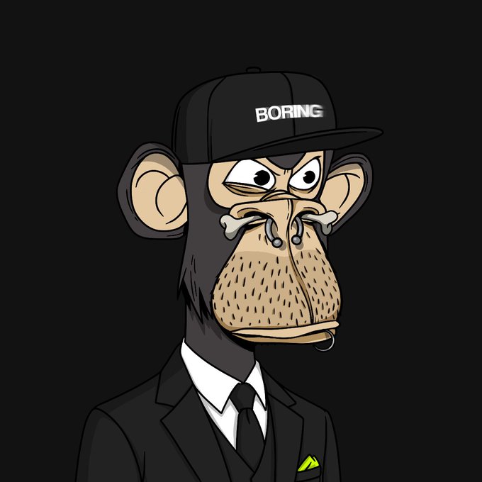 A cartoon Bored Ape-style NFT character wearing a black suit and a black cap with the word 'BORING' on it, with a nose ring.