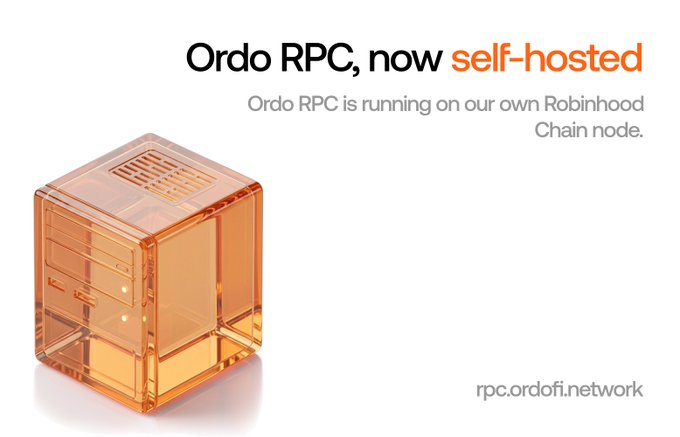 Promotional image featuring a translucent orange cube illustration with text reading 'Ordo RPC, now self-hosted' and 'Ordo RPC is running on our own Robinhood Chain node,' along with the URL 'rpc.ordofi.network'.