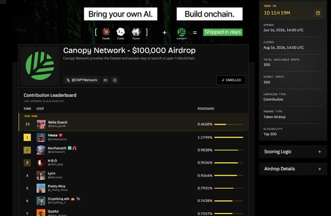 A screenshot of a webpage titled 'Bring your own AI. Build onchain.' advertising the 'Canopy Network - $100,000 Airdrop' with a contribution leaderboard listing users like 'Bella Quack', 'Nasa', and 'HBO' with their percentages.