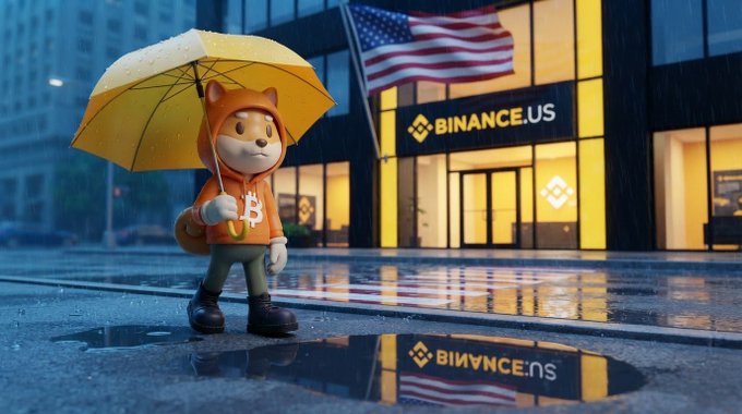 A 3D-rendered Shiba Inu mascot in an orange hoodie holds a yellow umbrella in the rain outside a building displaying an American flag and a 'BINANCE.US' sign.