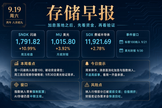 A Chinese-language financial news dashboard titled '存储早报' (Storage Morning Report) dated 9.19 (Saturday), displaying storage chip stock data including SNDK 闪迪 at 1,791.82 (+10.99%), MU 美光 at 1,015.80 (+3.92%), and SOX 费城半导体 at 11,921.69 (+2.78%).