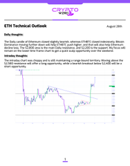 A daily insights report titled 'ETH Technical Outlook' dated August 20th, featuring a purple candlestick chart of Ethereum's price action and analysis text.