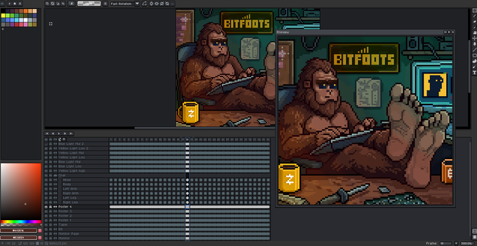 A screenshot of pixel art animation software showing a two-frame animation of a gorilla wearing sunglasses, smoking a cigarette, and sitting at a desk with the word 'BITFOOTS' displayed on a wall sign.