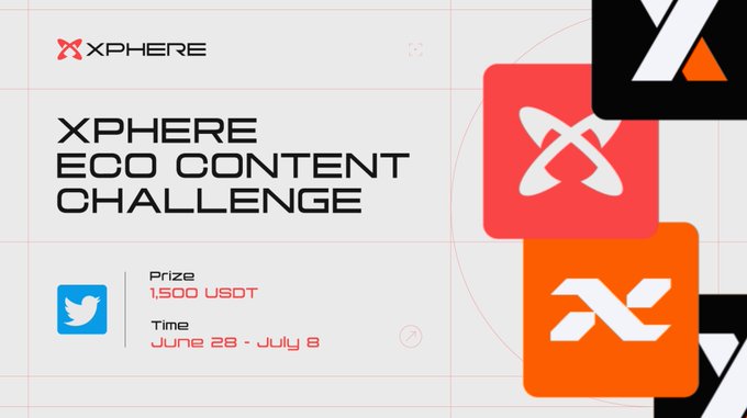 Promotional graphic for the "XPHERE ECO CONTENT CHALLENGE" featuring the Xphere logo, highlighting a prize pool of $1,500 USDT and a competition period from June 28 to July 8, with the Twitter platform logo indicating where participants can enter.