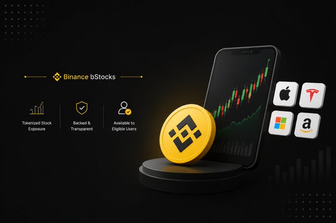 A promotional graphic for 'Binance bStocks' featuring a gold Binance coin, a smartphone displaying a stock chart, and logos for Apple, Tesla, Microsoft, and Amazon, highlighting features like 'Tokenized Stock Exposure' and 'Backed & Transparent'.