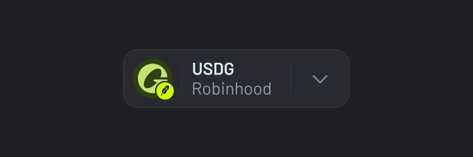 A dark app interface showing a USDG coin selector with the Robinhood exchange option.