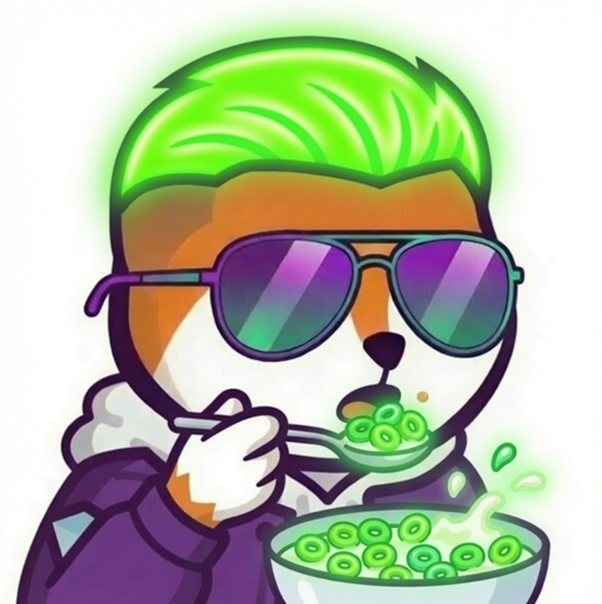 A cool cartoon dog with glowing green hair and purple sunglasses eats a bowl of glowing green cereal, visually matching the "rocket fuel" grinding energy mentioned in the post. The vibrant green theme echoes the "GE Good Evening CT!" hype as the character fuels up for the day.