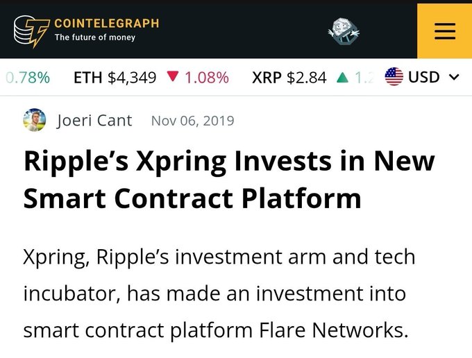 A Cointelegraph article by Joeri Cant dated Nov 06, 2019, headlined "Ripple's Xpring Invests in New Smart Contract Platform," noting Xpring is Ripple's investment arm and tech incubator backing Flare Networks.