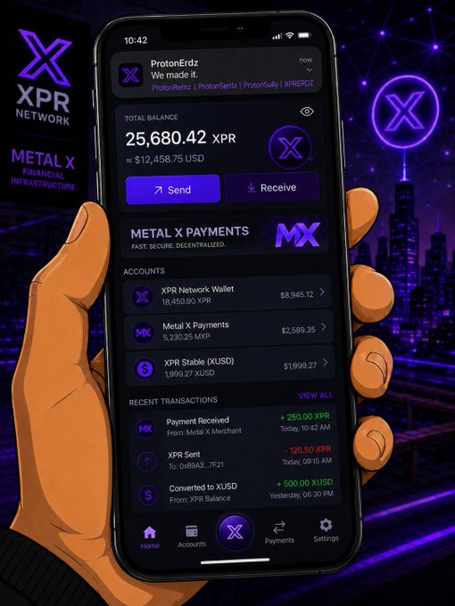 A digital illustration of a hand holding a smartphone displaying the XPR Network wallet interface with a total balance of 25,680.42 XPR (≈ $12,458.75 USD), set against a purple neon cityscape background.
