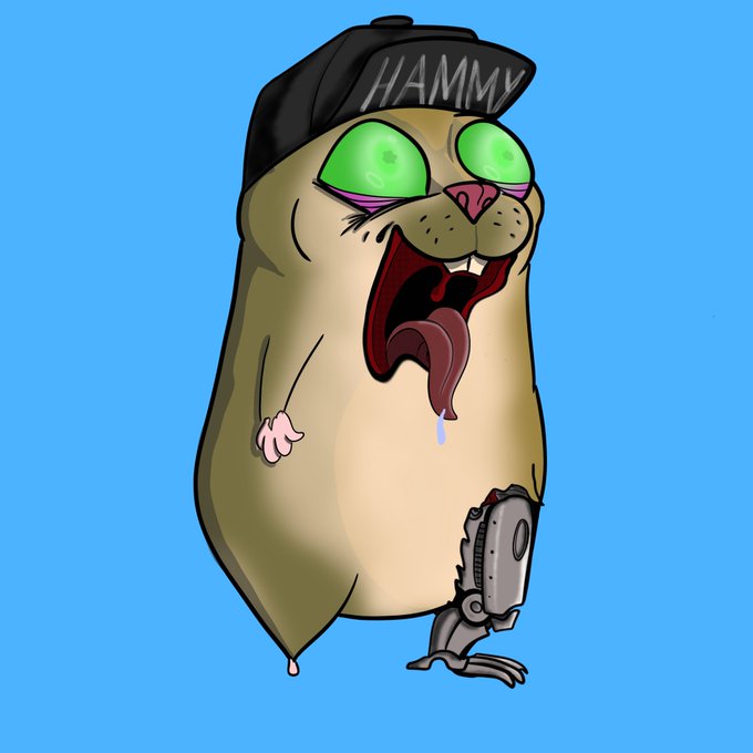 A cartoon hamster character wearing a black cap with 'HAMMY' written on it, displaying a zany expression with wide green eyes, an open mouth, and a protruding tongue against a blue background.