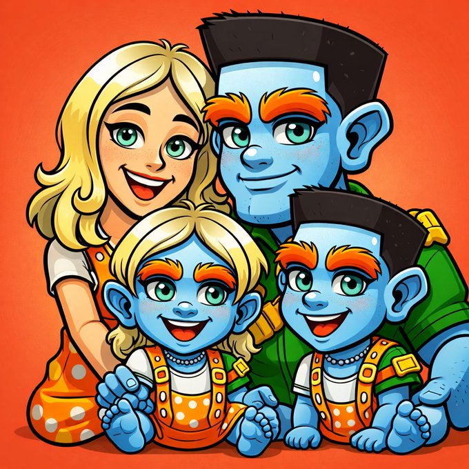 A cartoon illustration of a blonde woman with three blue-skinned characters with orange eyebrows and flat-top hair, all smiling on an orange background.