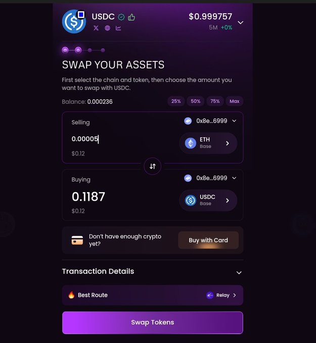 Mobile cryptocurrency swap interface showing an exchange from ETH (Base) to USDC (Base), displaying a balance of 0.000236, swapping 0.00005 ETH for 0.1187 USDC, with a 'Swap Tokens' button.