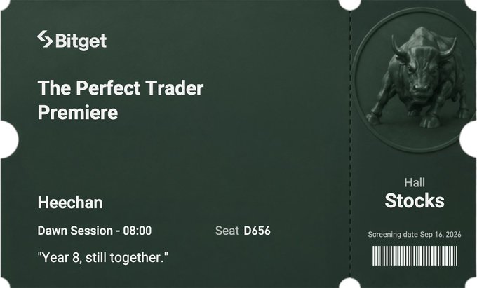 A Bitget 'The Perfect Trader Premiere' ticket for Heechan, Dawn Session at 08:00, Seat D656, in the Stocks Hall, screening date Sep 16, 2024, with the quote 'Year 8, still together.'
