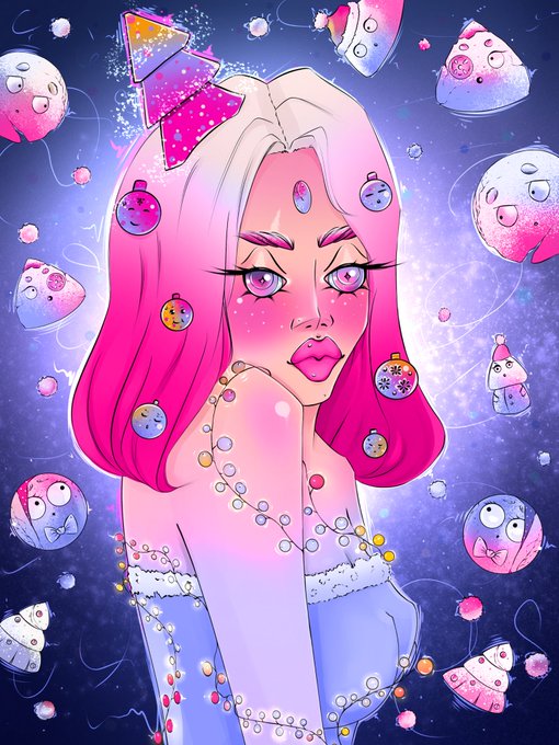 A vibrant digital illustration features a woman with long pink and white hair, a glittery pink party hat, and colorful bauble earrings, surrounded by floating cartoonish planets and stars against a cosmic background.
