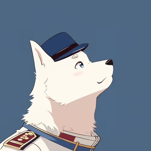 Anime-style illustration of a white dog character wearing a dark blue cap and a military-style uniform with red and gold epaulettes, looking upward against a gray-blue background.