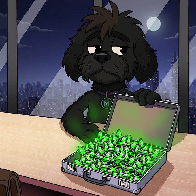 A cartoon black dog with an "M" collar opens a briefcase overflowing with glowing green money stacks against a nighttime city skyline, fitting a post celebrating secured crypto gains with the ticker $GMYRO.