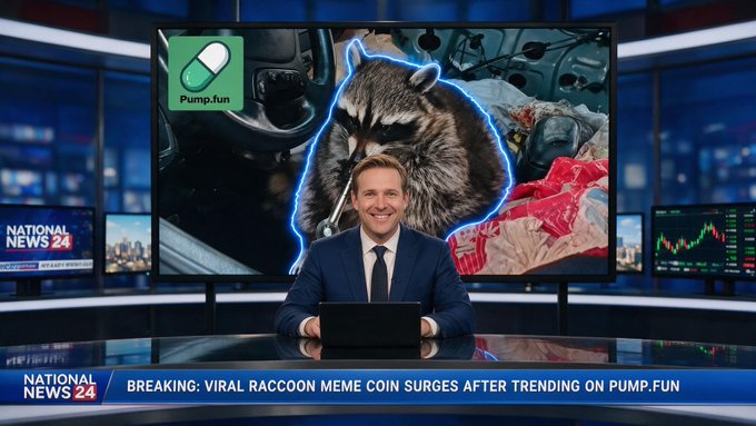 A National News 24 broadcast showing an anchor at a desk with a chyron reading 'BREAKING: VIRAL RACCOON MEME COIN SURGES AFTER TRENDING ON PUMP.FUN', featuring a large raccoon image and the Pump.fun logo.