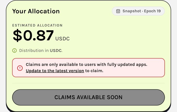 A screenshot showing an allocation dashboard displaying $0.87 USDC from Snapshot Epoch 19, with a warning that claims require app updates and a disabled "Claims Available Soon" button, humorously illustrating the post's sarcasm about receiving a tiny reward after 20 months of dedicated use.
