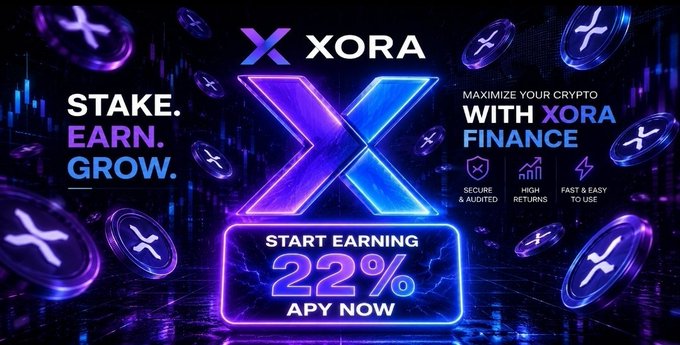 A promotional advertisement for XORA Finance cryptocurrency platform featuring purple and blue neon design with text including 'STAKE. EARN. GROW.', 'MAXIMIZE YOUR CRYPTO WITH XORA FINANCE', and 'START EARNING 22% APY NOW'.