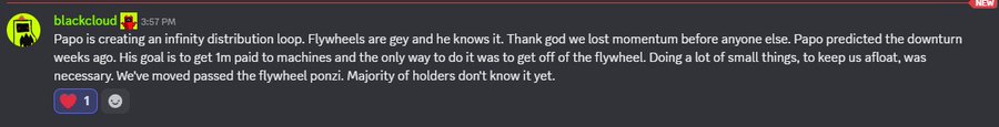 A Discord message from user "blackcloud" at 3:57 PM discusses "Papo" creating an infinity distribution loop with flywheels, noting they've moved past the flywheel ponzi, and includes a heart reaction (1). The post "they dont know yet" relates to the message's claim that the majority of holders are unaware of the current distribution developments.