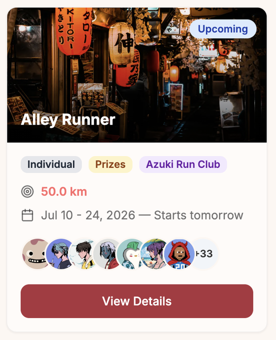 Event card for 'Alley Runner' showing it's an upcoming 50.0 km individual run with prizes, hosted by Azuki Run Club from July 10-24, 2026.