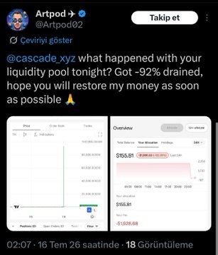 A screenshot of a tweet by user @Artpod02 tagging @cascade_xyz and @Ceviriyi_goster, asking what happened to their liquidity pool after ~92% was drained ($165.81 down to $1,309.69), with two price chart panels visible. The tweet illustrates one of the user complaints referenced in the accompanying post about the apparent liquidity pool failure.