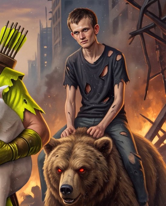 A dramatic digital illustration showing a young man in a torn dark shirt riding on the back of a large brown bear with glowing red eyes, set against a burning cityscape background, with an archer character visible on the left side.