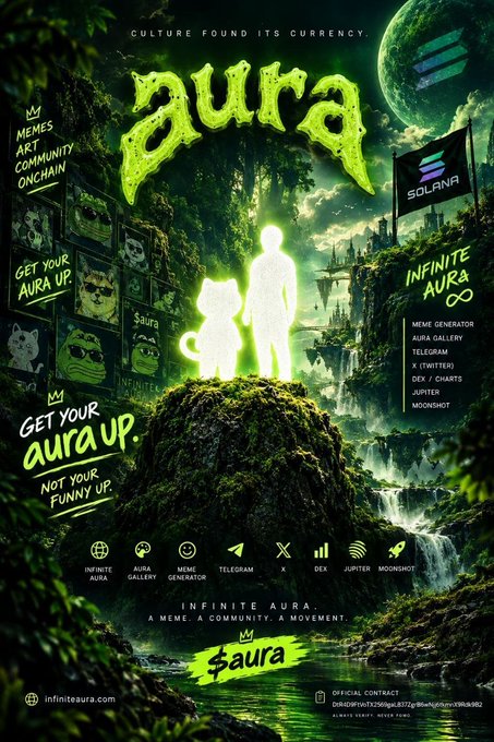 A vibrant promotional poster for the 'aura' meme project on the Solana blockchain, featuring the text 'CULTURE FOUND ITS CURRENCY', 'INFINITE AURA', and '$aura'.