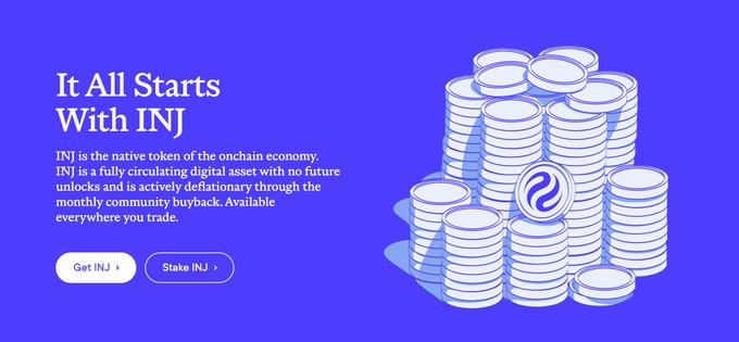 A purple promotional graphic for the INJ token, stating "It All Starts With INJ" and describing it as the native token of the onchain economy with deflationary buybacks.