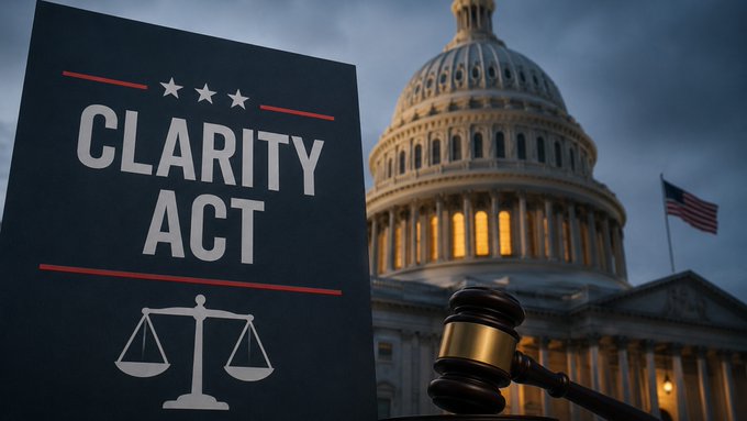 A document labeled "CLARITY ACT" stands beside a judge's gavel, with the U.S. Capitol dome and an American flag visible in the background—symbolizing the intersection of legislation, justice, and national security in the push for crypto regulation ahead of the September 15 Senate vote.