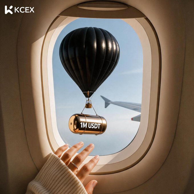 A promotional graphic for KCEX exchange featuring a black hot air balloon labeled "1M USDT" visible through an airplane window, with an airplane wing in the background.