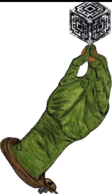 Stylized illustration of a green-skinned hand (resembling the Hulk) with brown fingerless gloves delicately pinching the corner of a silver/black die or cube-shaped object, depicted against a white background.