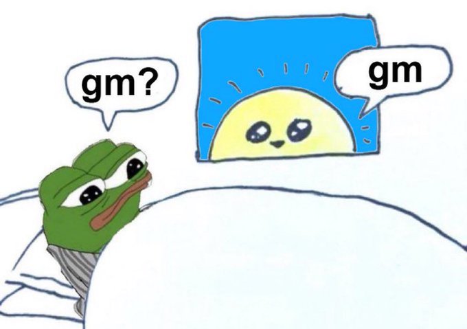 A meme featuring Pepe the Frog in bed saying 'gm?' to a smiling sun saying 'gm', depicting a good morning exchange.