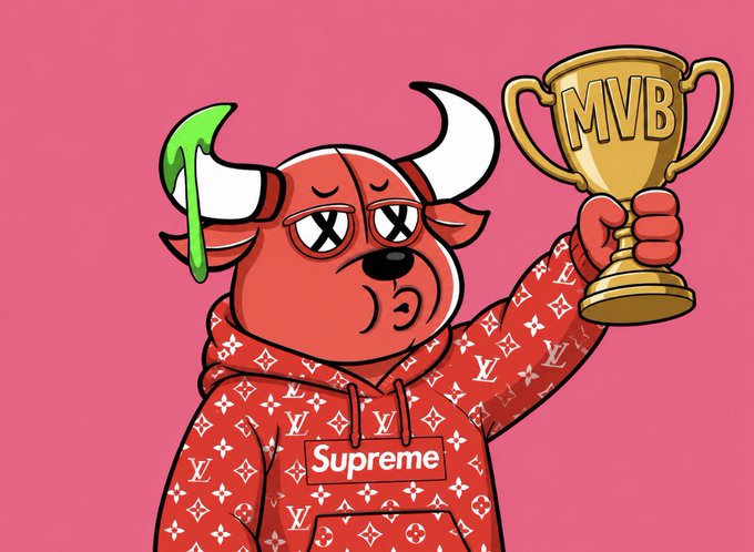 A cartoon-style illustration of a red bull character wearing a Louis Vuitton monogram hoodie with a 'Supreme' logo, holding a gold trophy labeled 'MVB' against a pink background.