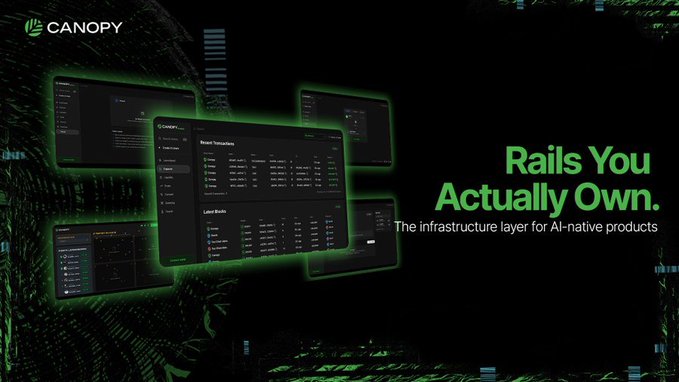 A promotional graphic for Canopy featuring the headline 'Rails You Actually Own.' with the subtext 'The infrastructure layer for AI-native products,' showcasing multiple dashboard interface mockups glowing in green against a dark background.