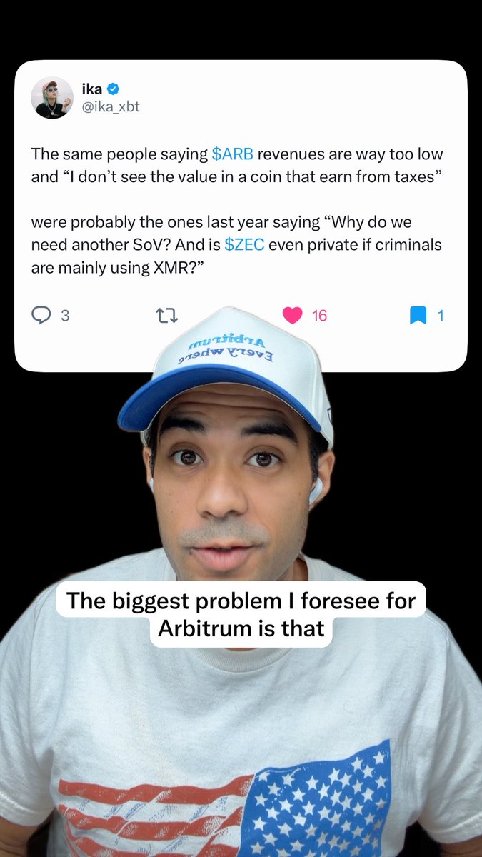 A video screenshot of a man in a 'Everyday' cap below a tweet by 'ika' (@ika_xbt) discussing criticisms of $ARB, $ZEC, and XMR cryptocurrencies, with the caption 'The biggest problem I foresee for Arbitrum is that'.