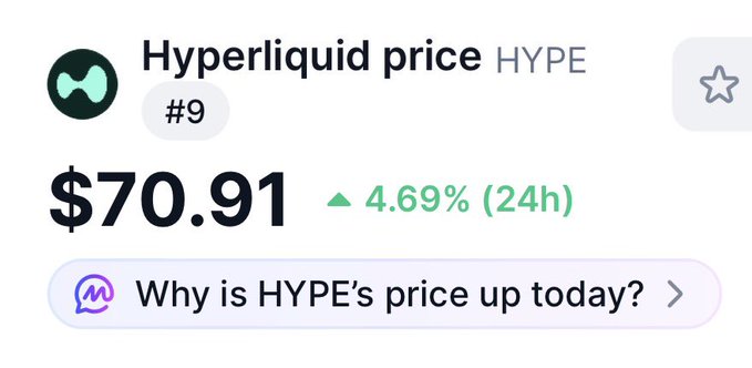 The image shows a screenshot of a message box with information about Hyper Liquid Price, which is displayed as $70.91. The text within the message box states that the price has increased by 4.69% (24 hours). This indicates that the value of the Hyper Liquid Price has gone up today.
