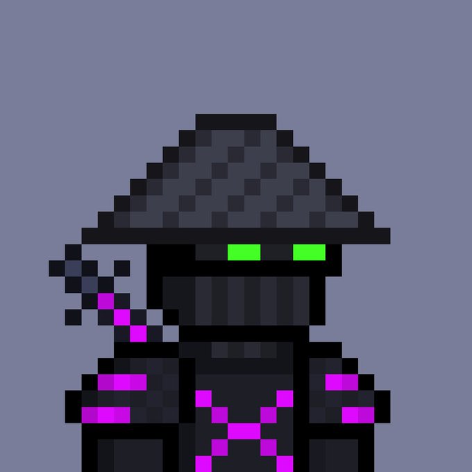 A pixel-art character wearing a black ninja hood with glowing green eyes and black outfit with bright pink/purple accents, set against a gray background.