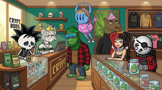 A cartoon-style illustration of 'The Crypt Buds' shop, featuring characters like a skeleton, a raccoon, a bear, and a panda wearing crypto-related apparel amidst cannabis-themed merchandise.