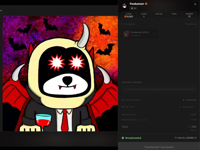A screenshot of the Pookamon NFT interface shows a character with glowing red star eyes and bat wings holding a wine glass, with transaction details for 390 XVERSE tokens.